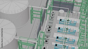 Water treatment plant, seamless 3d loop animation, filtration system