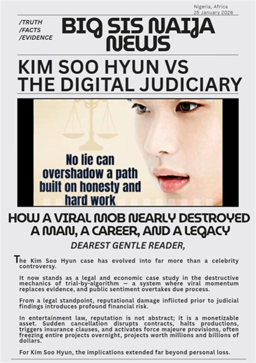 KIM SOO HYUN VS THE DIGITAL JUDICIARY: HOW A VIRAL MOB NEARLY DESTROYED A MAN, A CAREER, AND A LEGACY Dearest Gentle Reader, The Kim Soo Hyun case has evolved into far more than a celebrity controversy. It now stands as a legal and economic case study in the destructive mechanics of trial-by-algorithm — a system where viral momentum replaces evidence, and public sentiment overtakes due process. From a legal standpoint, reputational damage inflicted prior to judicial findings introduces profound 
