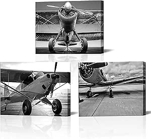 Vefacaiyo Airplane Canvas Wall Art Military Plane Turbine Propeller Picture Wall Decor Black and White Vintage Aircraft Canvas Artwork for Wall Decor, 12''x16'' x3panels