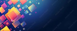 Horizontal video of abstract composition featuring colorful, semi-transparent squares floating against deep blue background. vibrant colors and geometric shapes create dynamic and modern visual