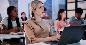 College, lecture and girl with laptop thinking of class, info and typing notes to study knowledge. Students, attention and learning at university, academy and education seminar with tech on campus