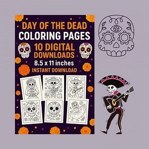 Day of the Dead Coloring Pages | Sugar Skull & Skeleton Art | Día De Muertos Kids Activity | 10 Printable 8.5x11 PDF, Instant Download - Etsy