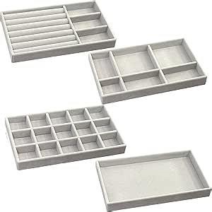 Jewelry Organizer Trays for Drawers: Set of 4 Stackable Velvet Jewelry Display Trays, Drawer Inserts with Removable Dividers, Jewelry Storage for Earring, Necklace, Bracelet & Ring