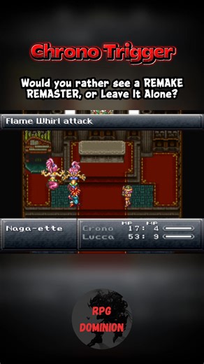 Chrono Trigger - We all know that this game is GREAT as it is. But if "something" were to be done with it, would you rather see a Remake, Remaster, or Leave It Alone? . “© Square Enix” The copyright of the materials used on this page or video is owned by SQUARE ENIX CO., LTD. or its licensors. The unauthorized reproduction and distribution of the images is prohibited. © 1995, 2018 SQUARE ENIX Illustration: © 1995 BIRD STUDIO / SHUEISHA Story and Screenplay: © 1995, 2008 ARMOR PROJECT / SQUARE EN