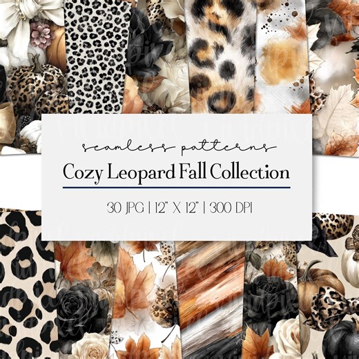 Cozy Leopard Fall Seamless Patterns | Autumn Animal Print Digital Paper, Pumpkin Leopard Print Backgrounds, Autumn Seamless Graphics - Etsy