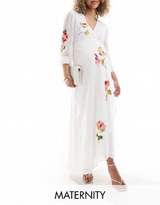 Hope & Ivy Maternity - Robe cache-cœur longue à broderies fleurs - Blanc  | ASOS