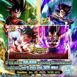 ◤Social Media Campaign◢ We're celebrating the release of new characters by holding a social media campaign! We're giving away 150 Chrono Crystals to all players if this post reaches 20,000 likes, shares, and reposts worldwide! Period: until 6/20 14:59 (UTC) (Sched.) #Legends7thAnniversary #DBLegends #DragonBall ©BIRD STUDIO/SHUEISHA, TOEI ANIMATION ©Bandai Namco Entertainment Inc. *Animations may be subject to change. | Dragon Ball Legends