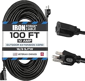 Iron Forge Cable 100 Ft Black Extension Cord, 16/3, 100 Foot Extension Cord, 3 Prong, Weatherproof - Great for Outside Use