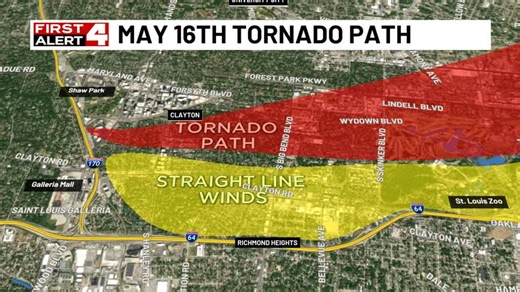 631K views · 1.9K reactions | In case you missed this update from the National Weather Service, the start point of the May 16th tornado was revised. Instead of starting near I-64, it started closer to Shaw Park in Clayton. The straight-line damage highlighted in yellow here is from the rear-flank downdraft. Subtle change and we reported this on First Alert 4, but wanted to make sure you saw it here too. | KMOV Steve Templeton | Facebook