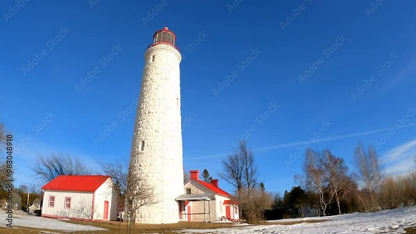 Lighthouse in Point Clark National Historic Site in Goderich, Ontario, under winter blue sky. It was built between 1855 and 1859.