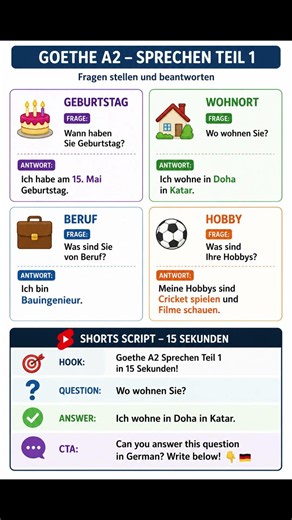🇩🇪 Goethe A2 Sprechen Teil 1 4 Easy Questions & Answers
