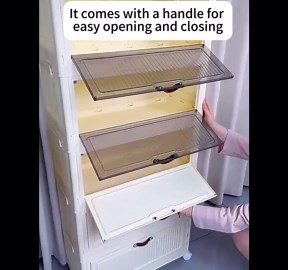 4-Tier Foldable Storage Cabinet with Lockable Wheels & Magnetic Lids, Stackable Storage Bin Organizer, 24QT*4 Pack Storage Box for Living Room, Kitchen, Bathroom