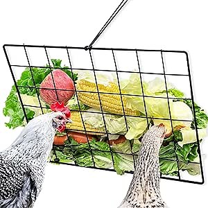 2 Pack Adjustable Hanging Chicken Feeder, Veggie Feeder for Chickens, 15.7" x 11.8" Inch Large Sturdy Chicken Vegetable Hanging Feeder with Grid Panel, Adjustable Rope, Cable Ties (Black)