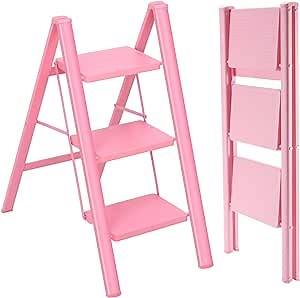 3 Step Ladder, Multi-Purpose Sturdy Lightweight Portable Folding Step Stool with Wide Anti-Slip Pedals, 500lbs Capacity Household and Kitchen Stepladders(Pink)