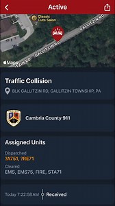 Automatic crash notification 800 block Gallitzin Rd Gallitzin Township 2/4/2026 7:22am Cambria Scanner Alert | Cambria Scanner Alert