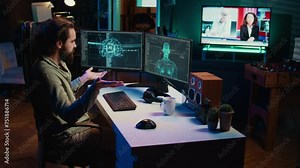 Man unable to believe eyes after seeing AI gaining humanoid form and consciousness, waving hand to salute him. Computer scientist surprised by artificial intelligence greeting him unprompted, camera B