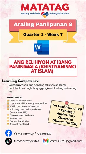 AP 8 | QUARTER 1 - Week 7 | Lesson Plan with FREE Materials 𝙏𝙤𝙥𝙞𝙘: Ang Relihiyon at Ibang Paniniwala (Kristiyanismo at Islam) 𝐹𝑜𝑟 𝘾𝙊, 𝙁𝙄𝙉𝘼𝙇 𝘿𝙀𝙈𝙊 & 𝙍𝘼𝙉𝙆𝙄𝙉𝙂 𝙇𝙚𝙖𝙧𝙣𝙞𝙣𝙜 𝘾𝙤𝙢𝙥𝙚𝙩𝙚𝙣𝙘𝙮: Naipapaliwanag ang papel ng relihiyon sa ibang paniniwala sa paghubog ng pagkakakilanlang kultural ng tao. ✅️ 𝙋𝙋𝙎𝙏-𝙖𝙡𝙞𝙜𝙣𝙚𝙙 for Classroom Observable Indicators (COIs) 𝙒𝙝𝙖𝙩'𝙨 𝙄𝙣𝙨𝙞𝙙𝙚: 🌻 Clear KSA Objectives 🌻 Literacy and Numeracy Integration 🌻 Within and Ac