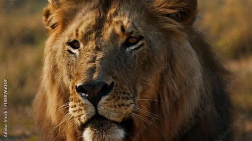 Cinematic tracking shot of a majestic lion walking through tall golden grass at sunset, mane blowing in the wind, intense eyes, 8k resolution, documentary style.