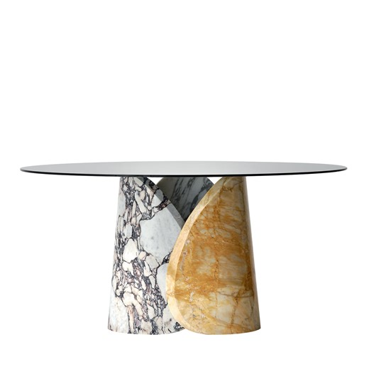 Petalo Three Types of Marble Base with Smoked Glass Top Dining Table