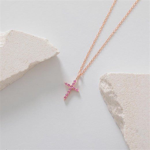 Pink Sapphire Cross Necklace, Dainty Cross Pendant, Natural Sapphire, Solid 14k Gold, Cross Necklace, Small Cross Pendant - Etsy
