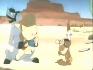 Live-action westerns were common during Hollywood's golden age, mostly because they were inexpensive to produce, and the oft-used tropes (and the stereotypical protrayals of Native Americans) were spoofed regularly in the cartoons of the '40s and '50s. In "Nothing But the Tooth" (1948), director Arthur Davis had Porky deal with an uncooperative horse and a meek, pint-size pest of an Indian. The "midget Mohican" is played by Mel Blanc using a voice similiar to his Happy Postman character from the