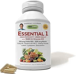 ANDREW LESSMAN Essential-1 nuonce max Multivitamin 1000 IU Vitamin D3 180 Small Capsules. 100 mcg Methyl B12. CoQ10 Lutein Lycopene Zeaxanthin. High Potency. No Additives. Ultra-Mild One Daily Capsule
