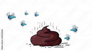 Cartoon poop and flock of flies. Funny insects characters with specific stinking meal. Seamless loop.