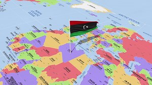 Download Libya Flag Waving in Wind, World Map Rotating around Flag, Seamless Loop, 3D Rendering for free