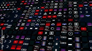 Control panel and graphical user interface. Computer engineering. Beautiful flight through an abstract graphical background. Seamless loop motion background.