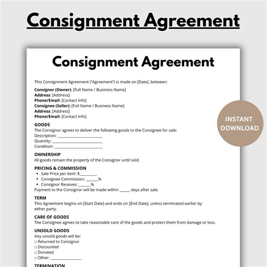 Consignment Agreement, Editable Consignment Contract Form Template Canva, Printable Consignment Form, Reseller Agreement, Instant Download - Etsy