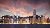 Hong Kong, Chine skyline, Time lapse du coucher de soleil dramatique