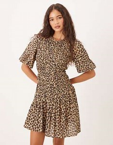Never Fully Dressed puff sleeve pleated mini dress in leopard | ASOS