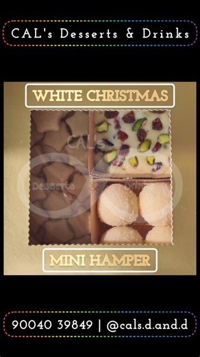 CAL's Desserts & Drinks on Instagram: "Here's a look at our 🎁 WHITE CHRISTMAS MINI HAMPER 🎁 ★ Coconut Snowballs ★ Coconut truffles coated with even more coconut—this one's a bountiful treat! ★ Vanilla Marzipan Stars ★ Infused with pure vanilla extract from premium Madagascar beans, these are some gourmet cashew stars reimagined for that extra sparkle! ★ Cranberry Pistachio Fudge ★ A Christmassy-coloured white chocolate fudge adorned with red (cranberries) & green (pistachios): it both looks &