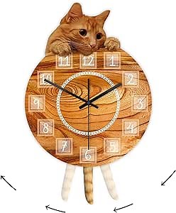 Timethink Cat Clock with Moving Tail, Cat Pendulum Swinging Wall Clock Silent Non Ticking Battery Operated Easy to Assemble Creative DIY Clock for Living Room Bedroom Kitty Lovers