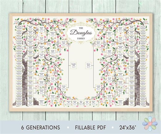 6 Generations Family Tree Template: Couple Branched Large Summer Dougi Genealogy Chart (Fillable PDF)