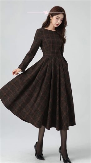 Plaid Wool Dress, Wool Midi Dress, Swing Wool Dress, Long Sleeve Wool Dress, Fit and Flare Dress, Winter Dress, Custom Dress, Xiaolizi 5303 - Etsy