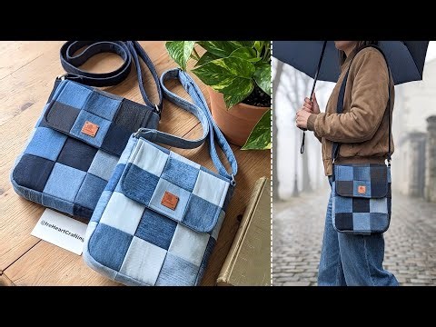 DIY Casual Checkered Denim Patchwork Crossbody Bag Out of Old Jeans | Bag Tutorial | Upcycled Craft