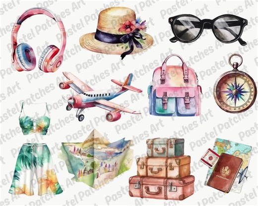 Travel Clipart, Watercolor Summer Vacation, Adventure Tourism PNG, Globe Holiday Traveling, Suitcase, Luggage, Backpack, Airplane, Sunglass - Etsy