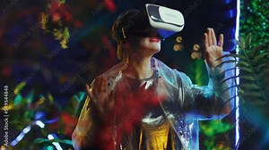 trendy female in virtual reality in vr goggles.