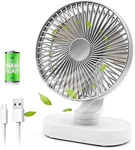 Small Oscillating Fan for Bedroom, 4000mAh Battery Powered Rechargeable Fan, 90° Vertical Manual and 120° Oscillating Desk Fan, 4 Speeds Air Circulator Fans, Quiet Table Fans for Home Office Travel