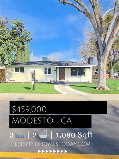 ✨ $459,000 ✨ 🏡 3 Bedrooms | 2 Bathrooms | 1,080 SqFt | Built in 1950 📍 Modesto — Spacious Corner Lot (0.32 Acres) 🚐 RV access HUGE yard (ADU potential — buyer to verify) 🏠 Brand-new roof, stucco, windows & flooring 🎨 Fresh interior paint throughout 🔥 Electric fireplace w/ custom quartz accent wall 🍽️ Open-concept layout stunning quartz kitchen 🛁 Fully updated baths w/ floating vanities slab showers 💫 Completely renovated inside & out — space, style, and future potential all in one! #Mod