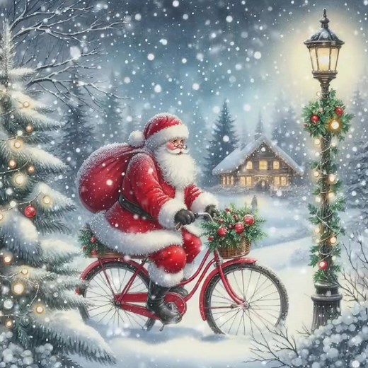 Santa Claus riding a vintage red bicycle beneath a snowy winter wonderland. #video #Christmas #fblifestyle #christmasdecor #merrychristmas | Madhu Vind