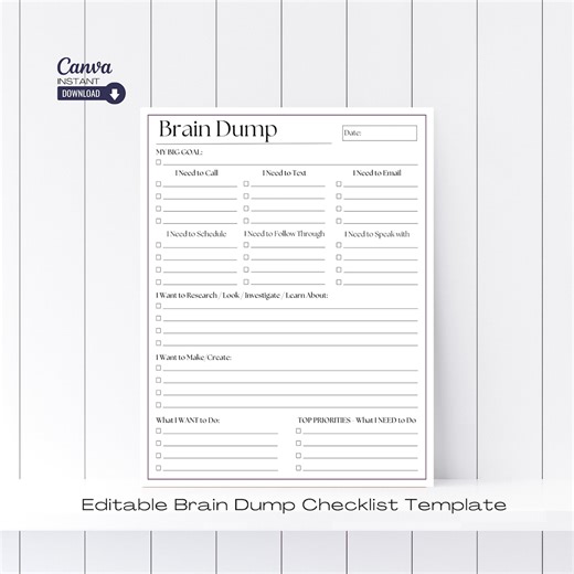 Editable ADHD Brain Dump Printable: Task List Template (canva) - Etsy
