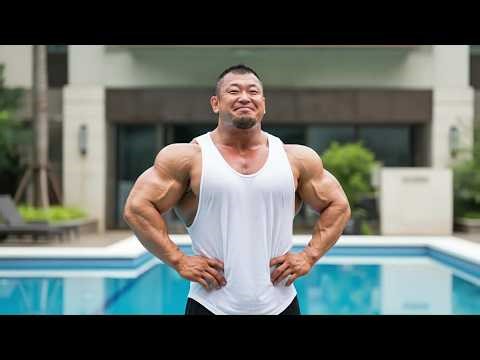 Muscular men relaxing by the poolside