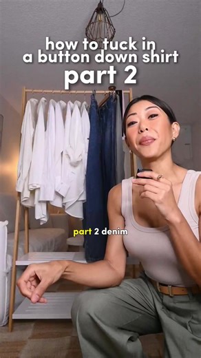 The jeans featured are in my LTK; but this denim button down-shirt is an older one from a collaboration with Christophe Lemaire & Uniqlo and is currently sold out, so it couldn’t be linked 🙃 With a denim kind of button up shirt the fabric is firmer and often thicker than a lot of other fabrics which means this one can be bulky than others. In the first example will be tucked into wide leg denim, I use the palm of my hand to flatten the shirt fabric against my skin while pulling the pant up. Bec