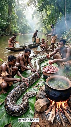 Baka Tribe Butchering Giant Python in the African Jungle 🐍🔥#tribalfood #triballife #shorts
