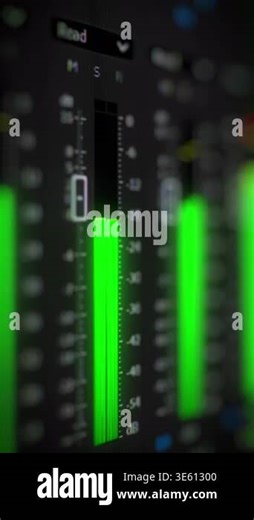 Green vertical audio level bars. Close-up of sound signal meters. Professional audio monitoring and sound engineering. Volume control panel. Music mastering digital equalizer Stock Video Footage - Alamy