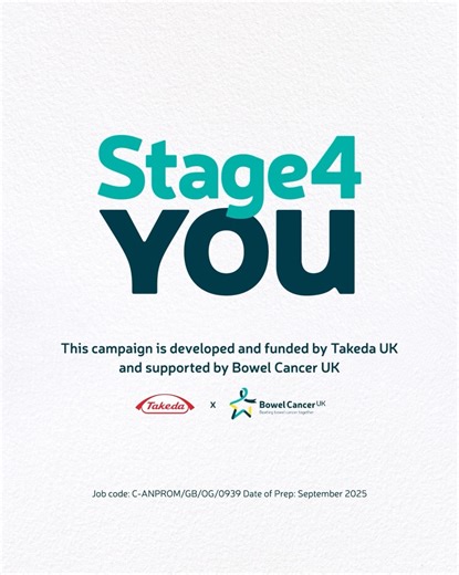11K views · 89 reactions | Are you living with stage 4 bowel cancer? We recognise that everyone’s experience is different – different day, different needs. That’s why we’re proud to launch 'Stage4You' in partnership with Takeda UK - an online platform offering resources tailored to how you’re feeling today. Whether you’re looking for practical advice, emotional support or just a moment of comfort, visit: https://bit.ly/4nOC9lM | Bowel Cancer UK | Facebook