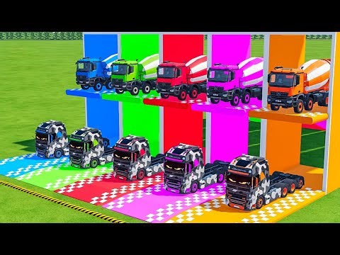 TRANSPORTING VLOVO TRUCKS WITH LIGHT-UP EYES VS BIG MIXER TRUCK AND COLORFUL GARAGES - #fs22