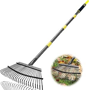 Garden Leaf Rakes, 6FT Rake for Lawns Heavy Duty 25 Metal Tines 18.5 inch Wide, Adjustable Steel Handle, Rakes for Leaves, Gathering Shrub, Grass, Yard